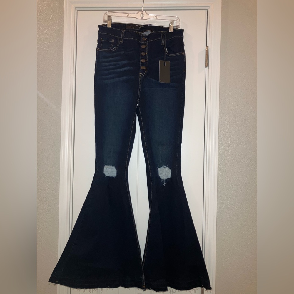 L&B Dark Blue Button-Fly Flare Jeans with Knee Rips
